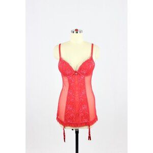 LA SENZA Red Mesh Iridescent Lace Push Up Merry Widow Slip Dress, Size S
